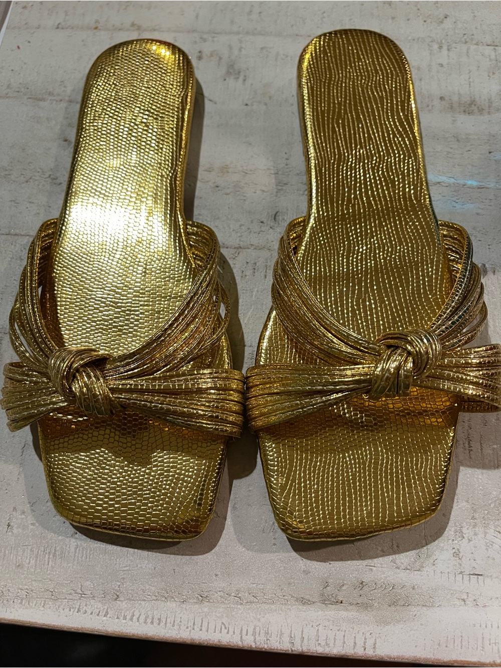 Metallic Gold Knot-Front Slide Mules